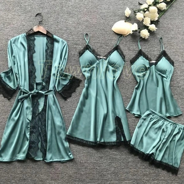 New Women Sexy Silk Satin Pajama Set Lace Sleepwear Home Wear Nightwear Set