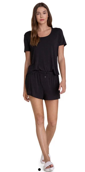 Barefoot Dreams Luxe Milk Jersey Scoop Neck Short Set Black NEW Large GIFT $110