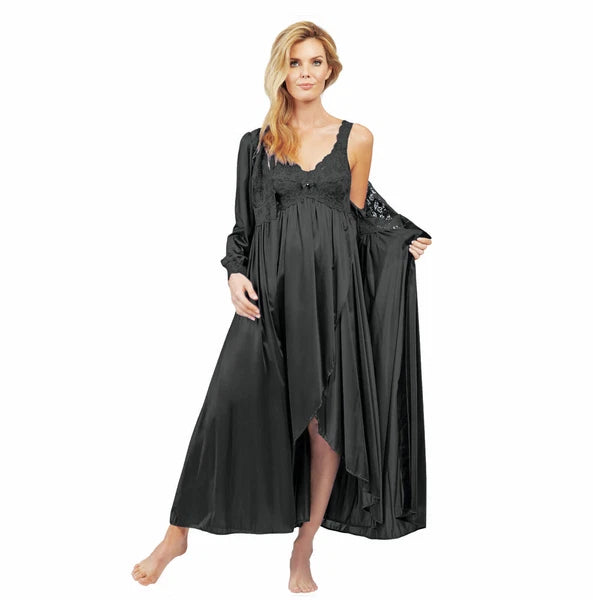 Shadowline Womens Nightgown Robe Set Black Peignoir Nylon Elegant Sleepwear 2 Pc