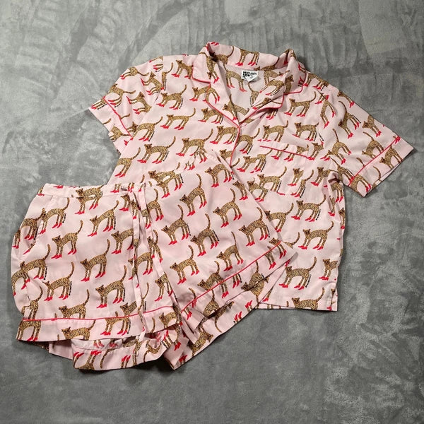 Bouffants Broken Hearts Pajama Set Women Large Pink Cheetah Novelty Sleep Lounge