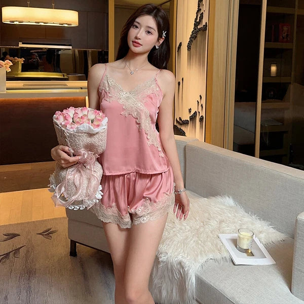 Women Sexy Pyjamas Summer Ice Silk Suspenders Shirt with Shorts Lady Sleepwear