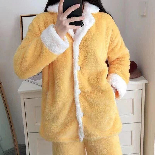 Women's Warm Cartoon Pajama Suit Two Piece Set Shawl Collar Coat Loose Fit Pants