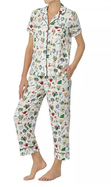 NWT Kate Spade White/Colorful IN THE GARDEN Knit Cropped Pajama Medium M Floral