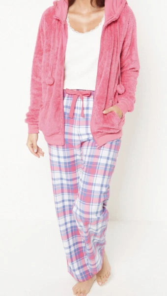 New Womens 3-Piece Check Pom Pom Hooded Pyjama Set Snuggle Set Pink UK 8/10