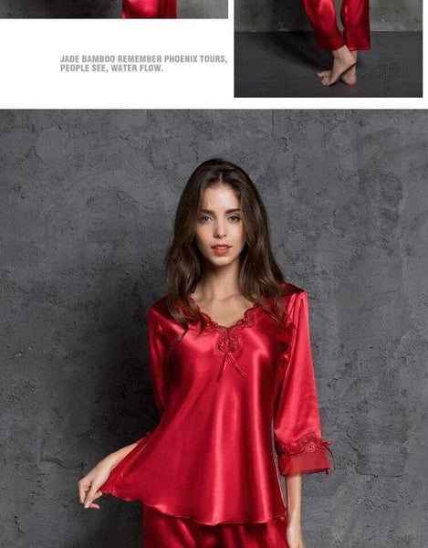 Women's Faux Silk Sexy Lace Silk Pajamas Silk Pajamas Set Home Sleepwear 2pcs