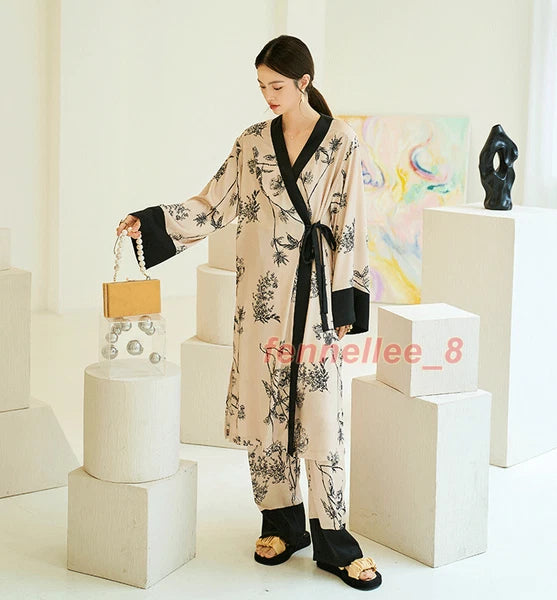 Women 2PC Ice Silk Printed Kimono Coat Pant Chinese Nightgown Pajamas Loungewear