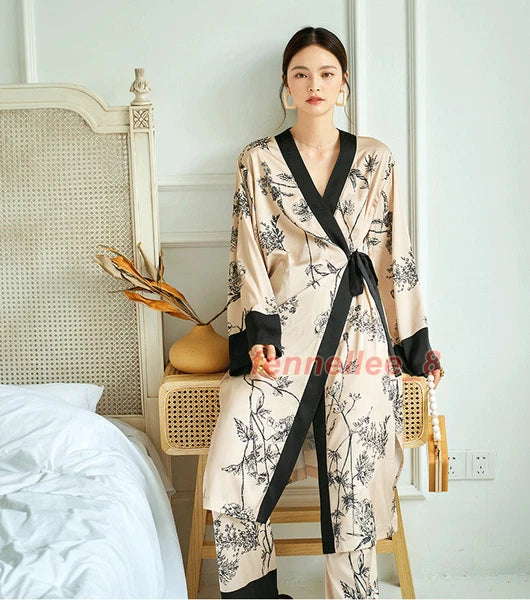 Women 2PC Ice Silk Printed Kimono Coat Pant Chinese Nightgown Pajamas Loungewear