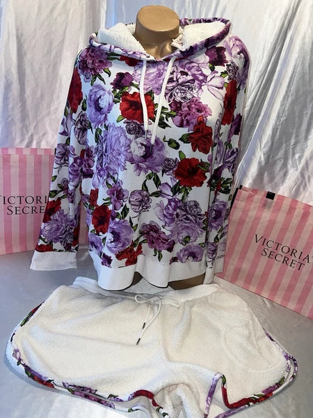 Victoria's Secret Hoodie Pajama Modal Set Fleece Trim & Shorts Floral Print XL