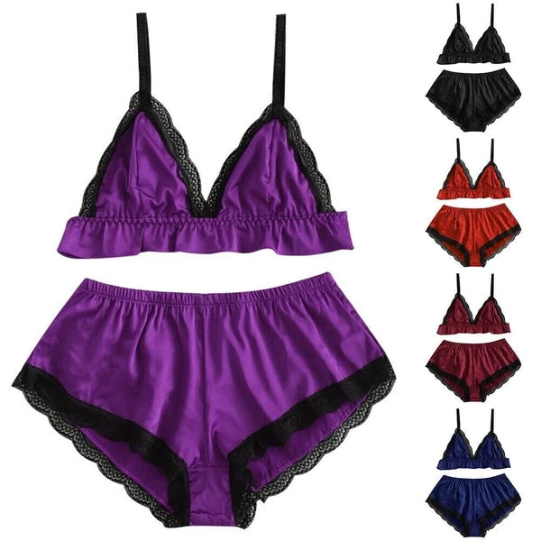 Women Satin Silk Sleepwear Set Top Shorts Nightwear Sexy Lingerie Pajamas-Set