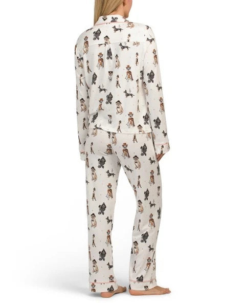 NWT PJ Salvage Ivory/Pink CURIOUS DOGS in HATS/GLASSES Peachy Knit Pajama Set S