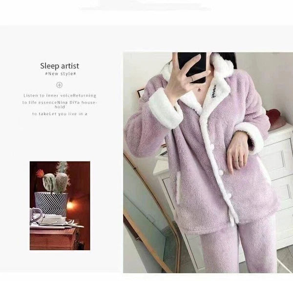 Women's Warm Cartoon Pajama Suit Two Piece Set Shawl Collar Coat Loose Fit Pants