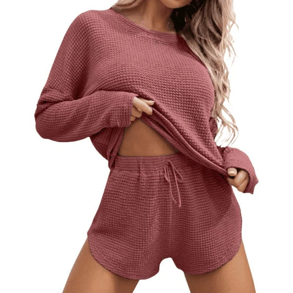 Womens Waffle Knit Pajama Sets Long Sleeve Top and Shorts Loungewear Sweatsuit