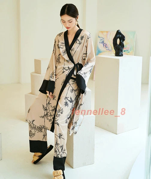 Women 2PC Ice Silk Printed Kimono Coat Pant Chinese Nightgown Pajamas Loungewear