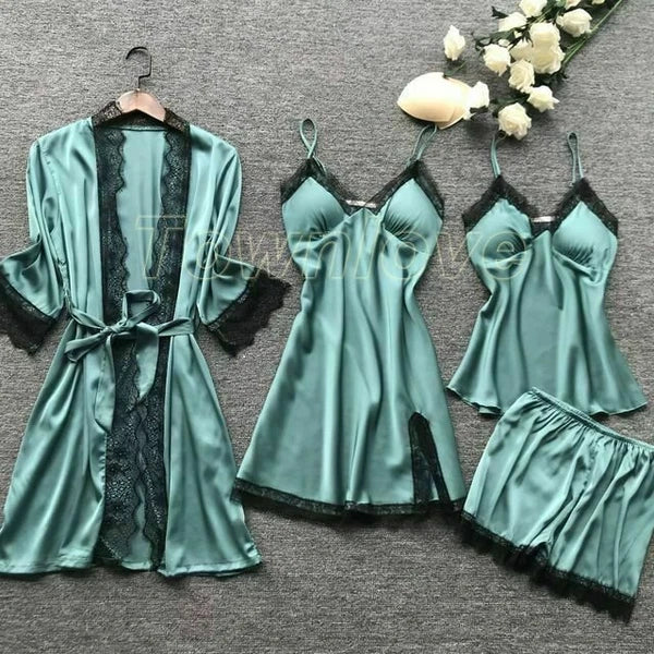 New Women Sexy Silk Satin Pajama Set Lace Sleepwear Home Wear Nightwear Set