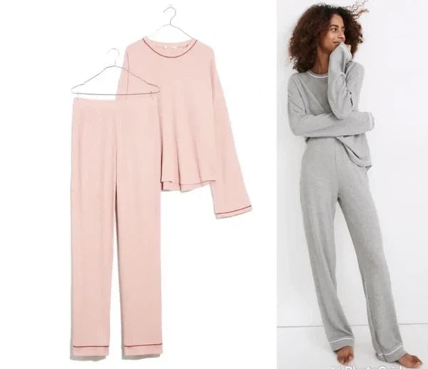 MADEWELL WOMEN'S PINK LONG SLEEVE PIPPED WAFFLE KNIT PAJAMA SET Sz L