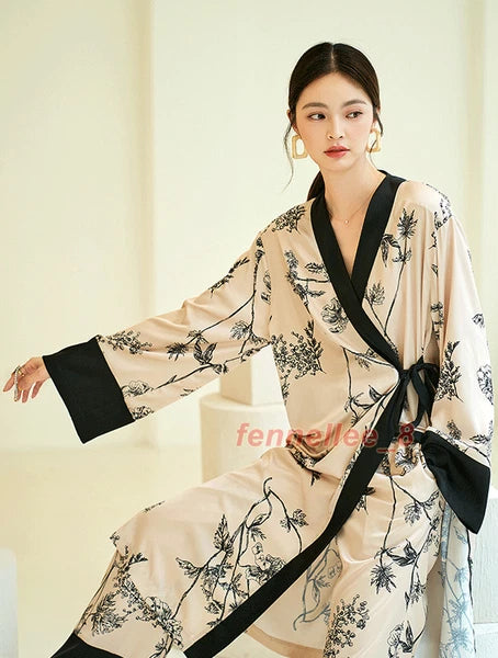 Women 2PC Ice Silk Printed Kimono Coat Pant Chinese Nightgown Pajamas Loungewear
