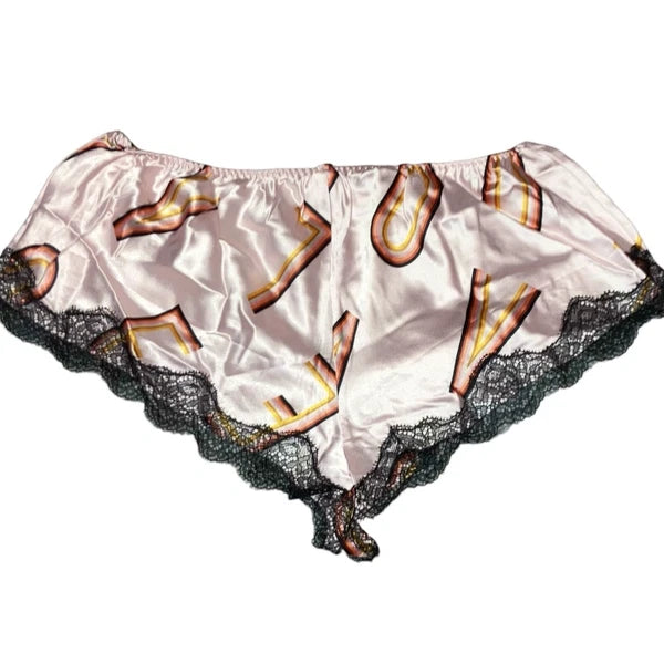 Victoria's Secret Pink Black Lace Satin Pajama Sleep Shorts ONLY Letters Sz M