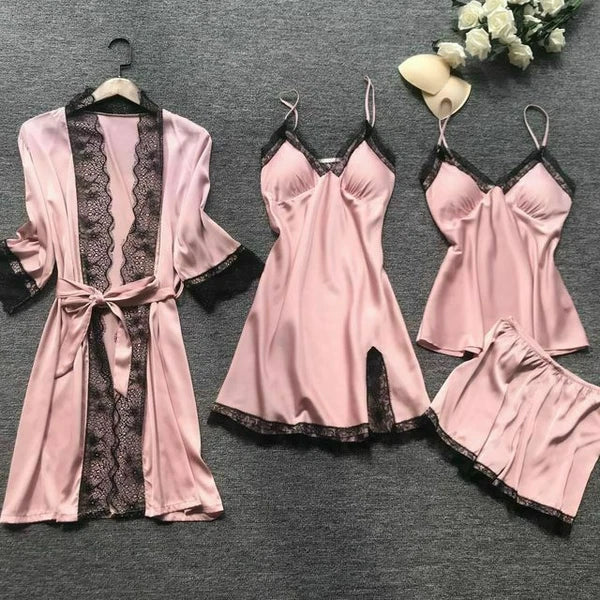 New Women Sexy Silk Satin Pajama Set Lace Sleepwear Home Wear Nightwear Set