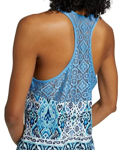 NWT In Bloom by Jonquil NAVY/AQUA/BLUE/WHITE IKAT Knit Pajama Set XS LACY Trim