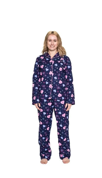 Womens Navy Hearts Long Sleeve Winter Cotton Flannel Long Pyjama Set