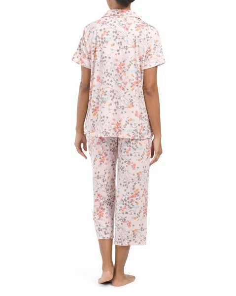 NWT Natori PINK ROSE FLORAL Soft Knit Cropped Pajama/Lounge Set L Gray POCKETS