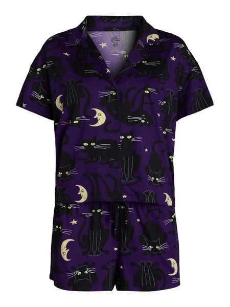 Halloween Women’s Black Cat Shorty Relaxed Pajama Set, 2-Piece, Size M (8/10)