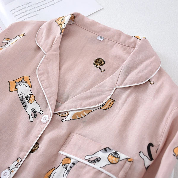 Women Pajamas Set 100% Cotton Printed Sleepwear Casual Nightwear Home Wear