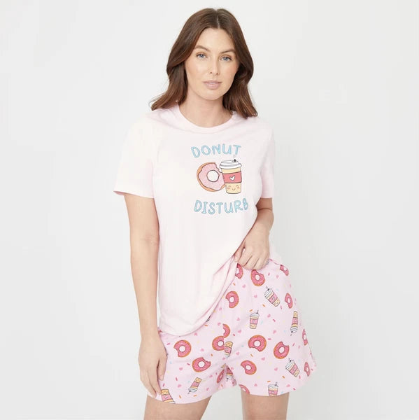 Ladies Womens Shortie PYJAMAS Set T SHIRT & SHORTS Top PJS Size UK 20-22