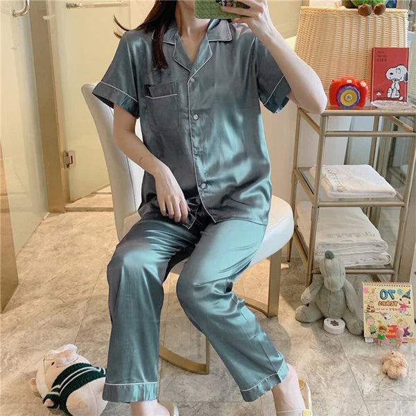 Womens Ladies Silk Satin Pyjamas Short Sleeve Tops Long Pants Soft Nightwear Set