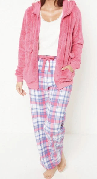 New Womens 3-Piece Check Pom Pom Hooded Pyjama Set Snuggle Set Pink UK 8/10