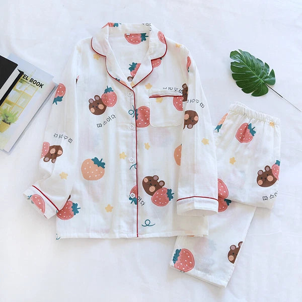 Women Pajamas Set 100% Cotton Printed Sleepwear Casual Nightwear Home Wear