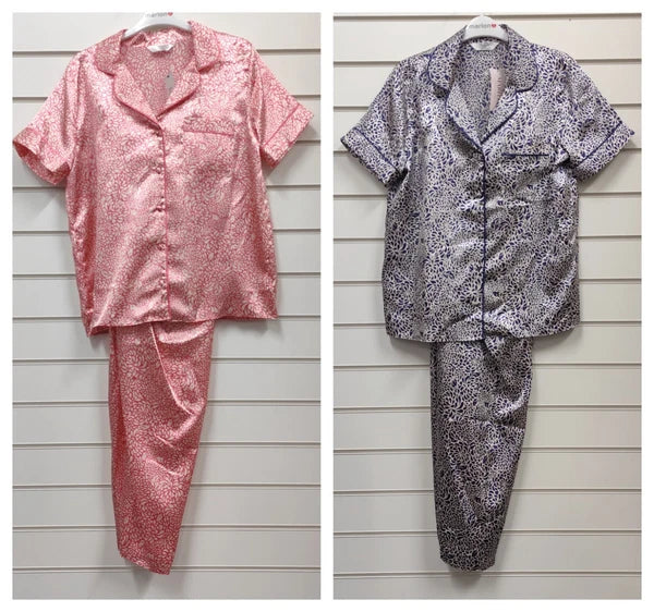Marlon Ladies Pink Blue Floral Short Sleeve Satin Pyjama Set UK Sizes 10-26