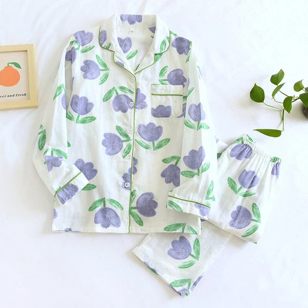 Women Pajamas Set 100% Cotton Printed Sleepwear Casual Nightwear Home Wear