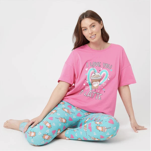 Ladies I LOVE YOU A LATTE PYJAMAS Set T Shirt & Long Pants Top PJS UK 12-14