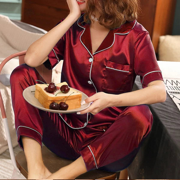 Womens Ladies Silk Satin Pyjamas Short Sleeve Tops Long Pants Soft Nightwear Set