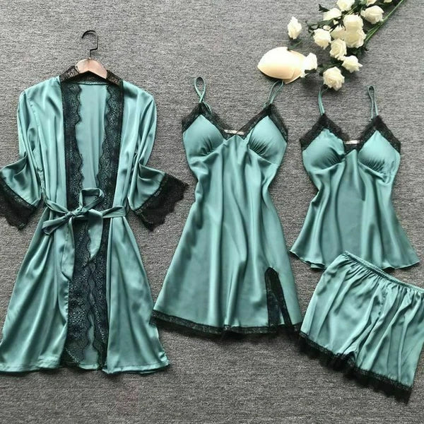 New Women Sexy Silk Satin Pajama Set Lace Sleepwear Home Wear Nightwear Set