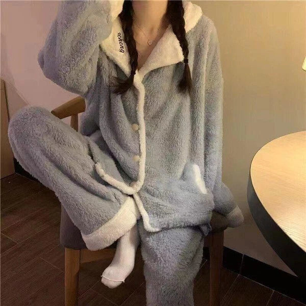Women's Warm Cartoon Pajama Suit Two Piece Set Shawl Collar Coat Loose Fit Pants