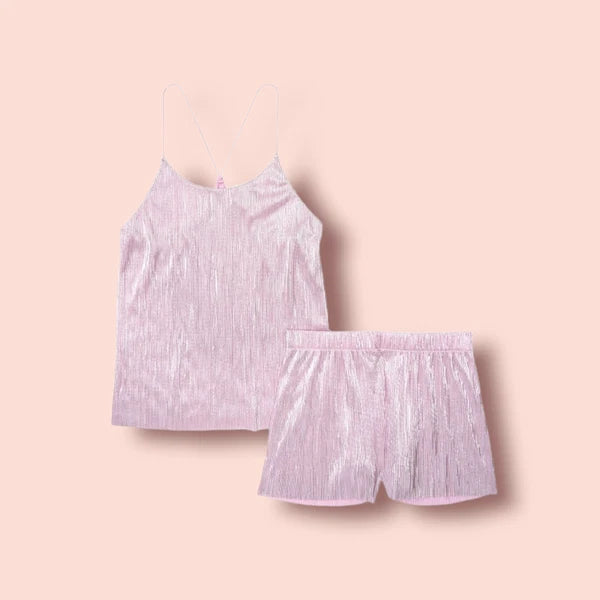 2pc VICTORIA'S SECRET Plisse Satin Cami PJ Silver Pink Foil/Blue/Gold L, XL, 2XL