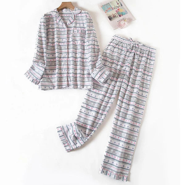 Womens 100% Cotton Pajamas Set Flannel Printed Button Nightwear Loungewear 12-24