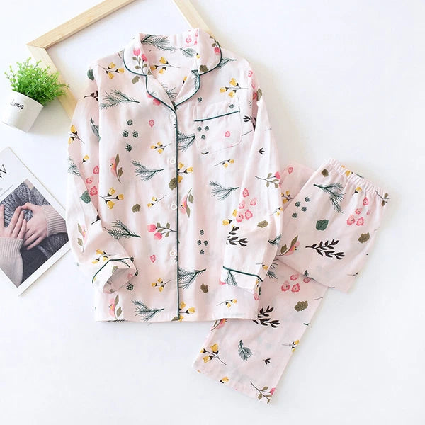 Women Pajamas Set 100% Cotton Printed Sleepwear Casual Nightwear Home Wear