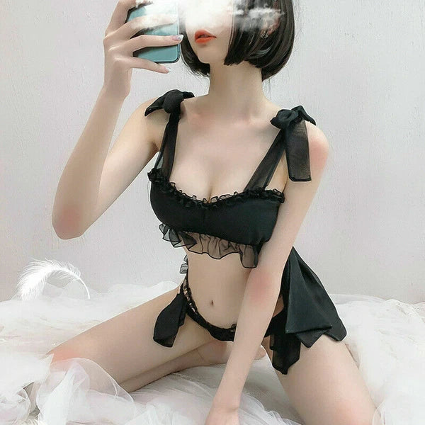 Women Sexy Lingerie Set Lolita Sleepwear Pajama Kawaii Maid Ruffle Suit