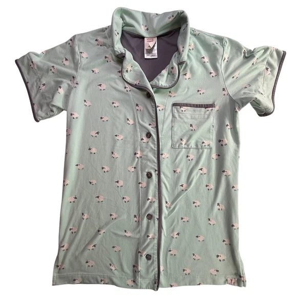 MUNKI MUNKI Women’s Pajama Set Mint Green Sheep Print Short Sleeve Top Pants XS