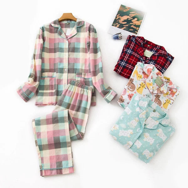 Womens 100% Cotton Pajamas Set Flannel Printed Button Nightwear Loungewear 12-24