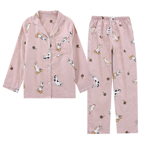 Women Pajamas Set 100% Cotton Printed Sleepwear Casual Nightwear Home Wear