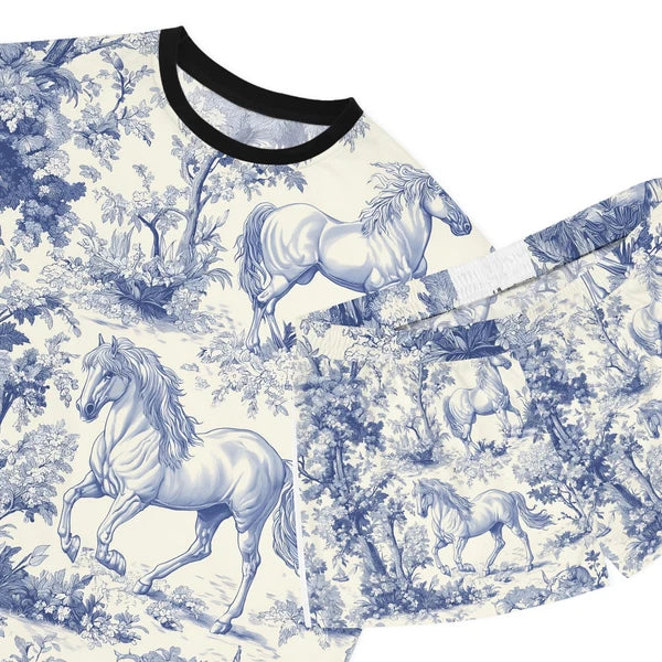 Whimsical Horse Print Pajama Set Cozy Sleepwear, Animal Lover Gift, Blue Floral
