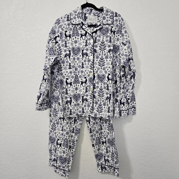 The Cats Pajamas Reindeer PJ Set Womens White Blue Holiday Christmas Loungewear