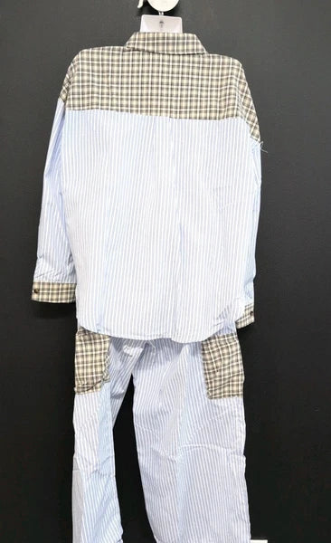 Long Sleeve Lapel Collar Cotton Comfortable Sleepwear Pajamas Set Size L Blue