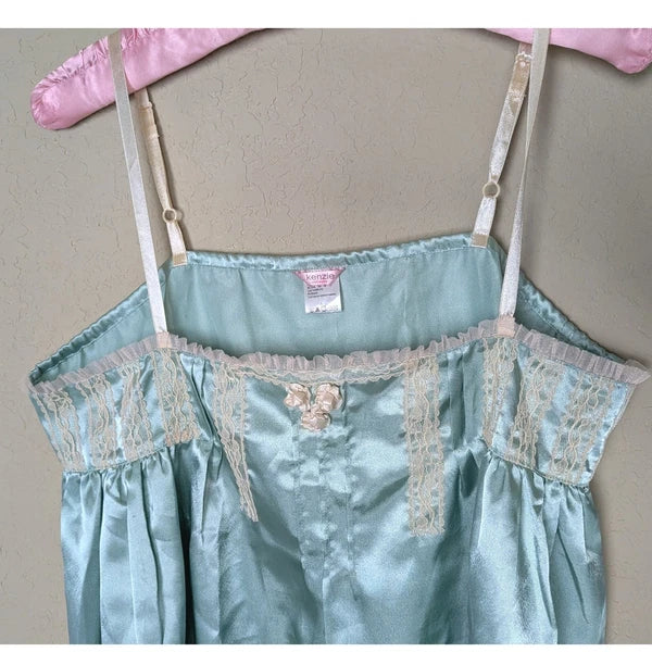 Kenzie Satin Pajama Set 2 Piece Cami & Cropped Pants Mint Green Lace Trim Size L