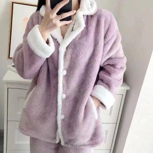 Women's Warm Cartoon Pajama Suit Two Piece Set Shawl Collar Coat Loose Fit Pants