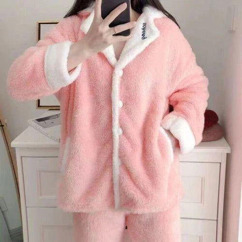 Women's Warm Cartoon Pajama Suit Two Piece Set Shawl Collar Coat Loose Fit Pants